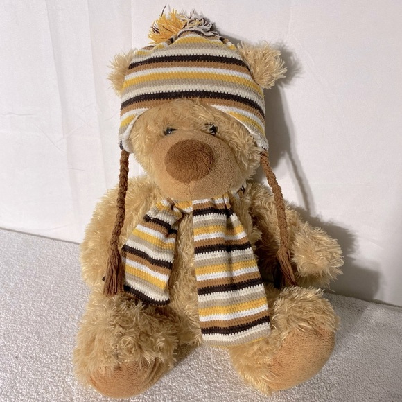 Vintage Tan Teddy Bear Plush Toy Stuffed Animal With Toque And Scarf - Picture 1 of 10